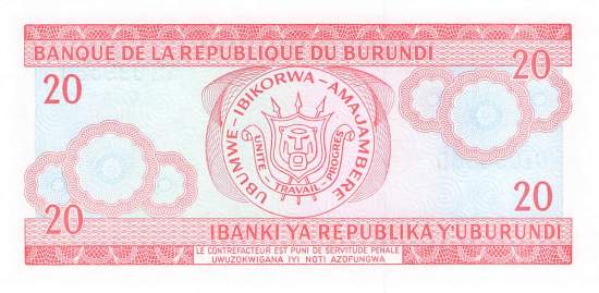 Burundi p27d 20 Francs 1997
